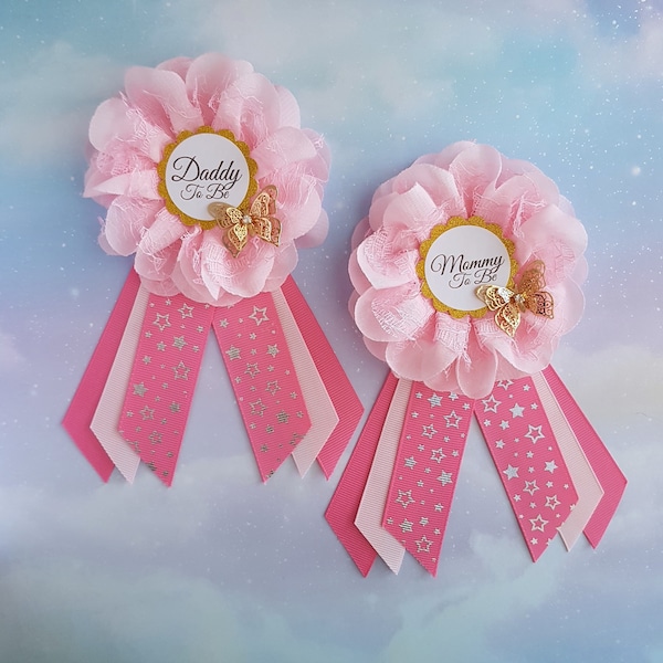 Pink Mommy To Be and Daddy To Be Pins, Baby Girl Shower Pins, Mom And Dad Buttons, Mommy And Daddy To Be Ribbons, Pink Mom And Dad Pin Set