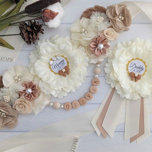 Ivory and Beige Maternity Sash Belt, Mommy To Be Keepsake Sash, Pregnant Mama Sash Belt, Expectant Mother Gift, Baby Shower Sash, Daddy Pin