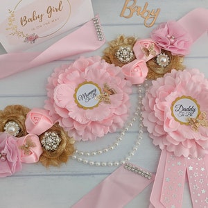 Faja de maternidad con diseño de mariposas para baby shower de niña, faja para la barriga con diseño de mariposas en rosa y dorado con detalles de bebé, faja para embarazadas que esperan ser mamás