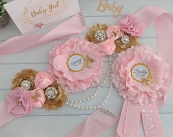 Butterfly Baby Girl Shower Maternity Sash, Baby Sprinkle Pink and Gold Butterfly Belly Bump Sash, Pregnant Expecting Mommy To Be Sash