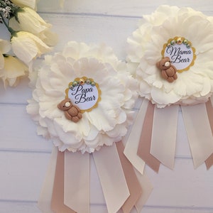 Mama Bear Baby Shower Corsage, Papa Bear Baby Sprinkle Pin, Mama and Papa Bear Baby Shower Gender Reveal Ribbon, Teddy Bear Baby Shower