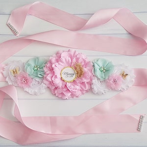 Maternity Sash For Mommy To Be with Daddy To Be Pin Set, Mom To Be Baby Shower Sash, Dad To Be Corsage, Pink and Mint Maternity Sash