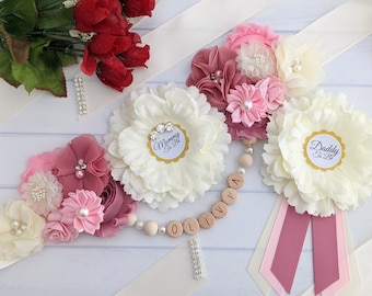 Ivory and Mauve Maternity Sash, Baby Shower Sash Pink, Mommy To Be Sash, Mama To Be Photo Prop, Baby Girl Shower Sash Belt, Baby Bump Sash