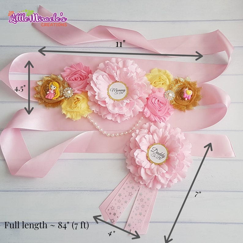 Mom To Be Sash and Daddy To Be Corsage Matching Set Mommy To Be Pink Sash Baby Belly Pink and Gold Sash Princess Baby Girl Shower Sash