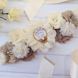 Bohemian Rustic Baby Shower Mom To Be Flower Sash Belt, Ivory and Beige Maternity Belly Bump Sash Keepsake Gift, Boho Gender Neutral Sash