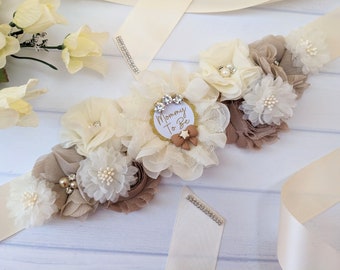 Boho Rustic Baby Shower Mom To Be Flower Sash Belt, kość słoniowa i beżowy ciążowy pas na brzuch, pamiątkowy prezent, Boho Gender Neutral Sash