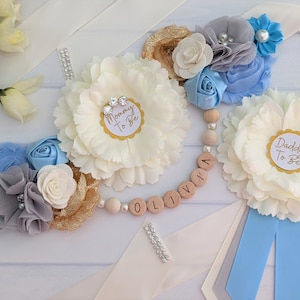 Blue and Gold Maternity Dress Belt, Baby Boy Mom To Be Sash, Ivory Baby Shower Sash, Baby Shower Gown Sash, Personalized Expectant Mom Gift