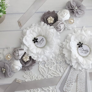 Gray And White Baby Shower Sash, Mommy To Be Belt, Maternity Sash, Mom To Be Sash, Dad To Be Ribbon, Daddy To Be Pin, Mama Belly Sash Belt