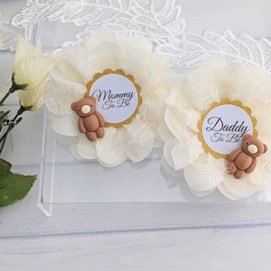 Teddy Bear Baby Shower Pins, Teddy Mommy To Be Button, Bear Dad To Be Ribbon, Gender Reveal Keepsake Pins, Mom And Daddy To Be Corsages