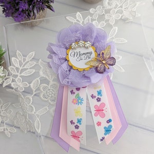 Broche de futura mamá, broches de anuncio de embarazo, botón de mariposa para baby shower para mamá, cinta para futura mamá, ramillete para futura mamá, futura mamá morada