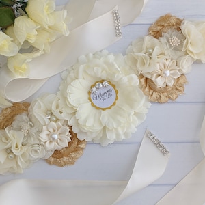 Faja floral para embarazadas de maternidad en color dorado marfil, faja floral para futuras mamás para baby shower, faja para futuras mamás