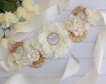 Gold and Ivory Gender Reveal Party Sash, Baby Belly Sash Belt For Mama To Be, Boho Baby Shower Sash, Pregnant Bump Sash, Expecting Mom Sash