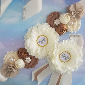 Mom To Be Sash, Baby Shower Sash, Belly Sash, Mommy To Be Daddy To Be, Mommy To Be Sash and Daddy To Be Pin, Ivory and Beige Gender Reveal