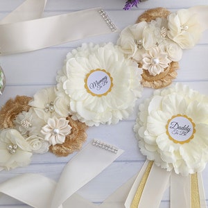 Faja de marfil y oro para futura mamá, faja para baby shower, faja de maternidad, faja rústica para la barriga, faja para embarazadas, recuerdo para futura mamá