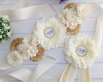 Ivory And Gold Mom To Be Sash, Baby Shower Sash Belt, Maternity Sash, Rustic Belly Bump Sash, Pregnant Mommy Sash, Mother To Be Keepsake