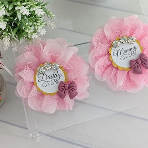 Baby Girl Shower Pins, Mommy To Be Pin, Daddy To Be Button, Pink Mom To Be Ribbon, Dad To Be Pin, Pink Bow Mama To Be Corsage, Father To Be