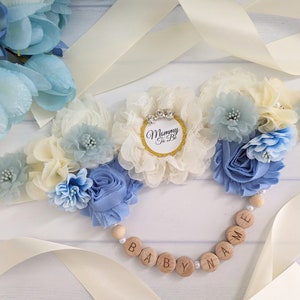 Blue and Ivory Boho Baby Boy Shower Sash Belt for Mommy To Be, Maternity Belly Bump Flower Sash Photo Prop, Baby Boy Sprinkle Sash
