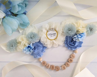 Blau und Elfenbein Boho Baby Boy Shower Sash Gürtel für Mama zu sein, Mutterschaft Bauch Bump Blume Schärpe Foto Prop, Baby Boy Sprinkle Schärpe