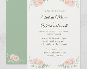 Conjunto de invitaciones de boda románticas con motivos florales, plantilla editable de Canva, color verde salvia, imprimible, descarga digital.