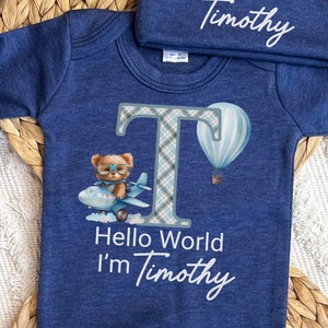 Personalized baby boy coming home outfit, romper hat set, newborn baby hospital outfit, hello world custom name, baby shower gift, navy