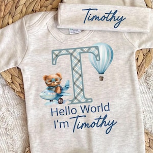 Personalized baby boy coming home outfit, romper hat set, newborn baby hospital outfit, hello world custom name outfit, baby shower gift