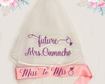 Bachelorette Sash and Veil, Future Mrs Veil, Personalized Veil, Custom Veil, Bachelorette Party Veil, Bridal Shower Veil and Sash,Bride