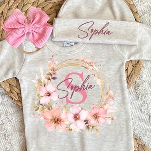 Newborn girl outfit, baby girl hospital outfit, personalized sleeper romper, custom name, baby shower gift, newborn photography outfit