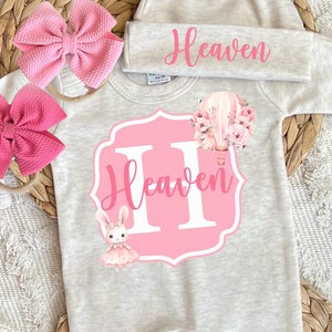 Newborn girl outfit, baby girl hospital outfit, personalized sleeper romper, custom name, baby shower gift, newborn photography outfit