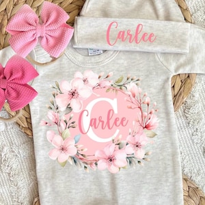 Newborn girl outfit, baby girl hospital outfit, personalized sleeper romper, custom name, baby shower gift, newborn photography outfit
