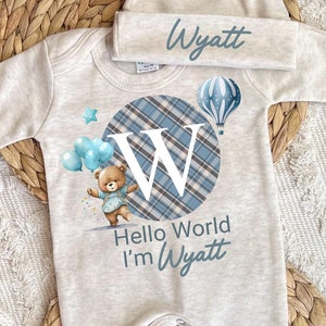 Personalized baby boy coming home outfit, romper hat set, newborn baby hospital outfit, hello world custom name outfit, baby shower gift