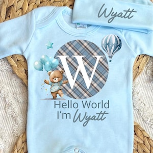 Personalized baby boy coming home outfit, romper hat set, newborn baby hospital outfit, hello world custom name outfit, baby shower gift