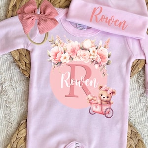 Personalized baby girl outfit, hospital coming home outfit, baby romper hat set, newborn custom name outfit, baby announcement outfit