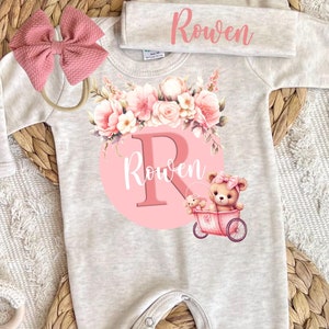 Personalized baby girl outfit, hospital coming home outfit, baby romper hat set, newborn custom name outfit, baby announcement outfit