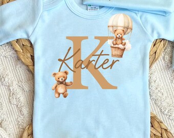 Newborn boy outfit, coming home outfit, baby romper hat set, personalized hospital outfit, custom name monogram, baby shower gift, sleeper