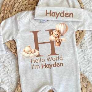 Newborn boy or girl coming home outfit, baby romper hat set, personalized hospital outfit, custom name, gender neutral, baby shower gift