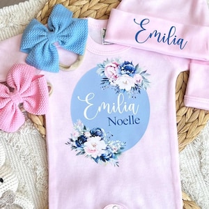 Newborn girl coming home outfit, baby girl romper hat set, girl hospital outfit, custom name outfit, baby shower gift, sleeper with footies