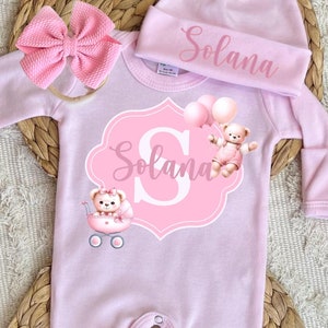 Personalized baby girl coming home outfit, baby romper hat set, newborn hospital outfit for girl, custom name outfit, baby shower gift
