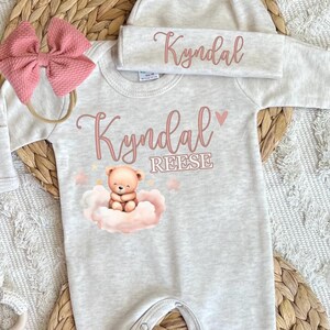 Personalized beige pink baby girl romper, newborn girl coming home outfit, romper with hat and bow, sleeper with footies, baby shower gift