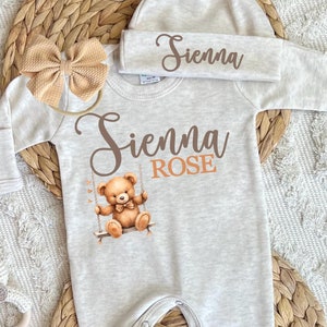 Personalized newborn girl romper, custom coming home outfit for girl, personalized beige romper with hat bow, neutral colors hospital outfit