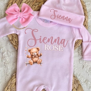 Personalized newborn girl romper, custom coming home outfit for girl, pink baby girl romper with hat and bow, baby girl hospital outfit
