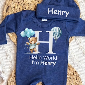 Personalized baby boy coming home outfit, romper hat set, newborn baby hospital outfit, hello world custom name outfit, baby shower gift