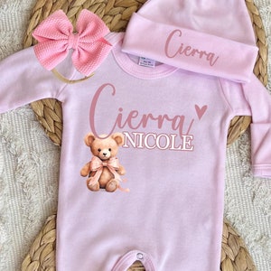 Personalized baby girl romper set, newborn infant coming home outfit, pink romper with hat and bow, sleeper with footies, baby shower gift