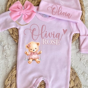 Personalized newborn coming home outfit, custom pink baby girl romper with hat and bow, baby hospital outfit with footies, baby shower gift
