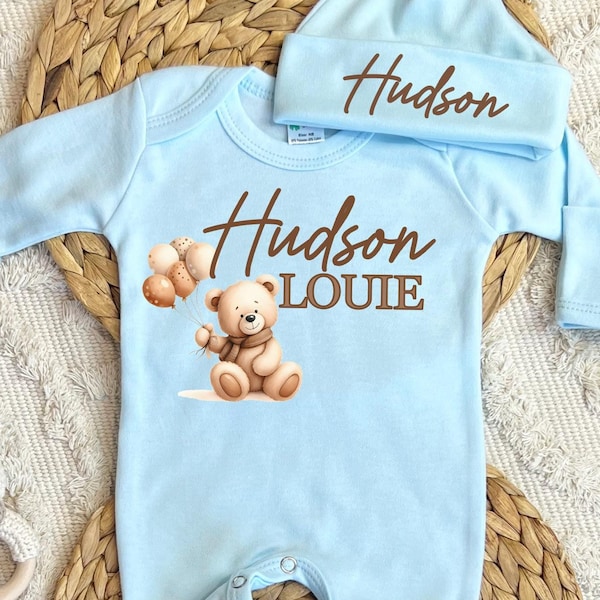 Newborn boy coming home outfit, Personalized newborn baby hospital outfit, romper hat set, custom name outfit, baby shower gift, long sleeve
