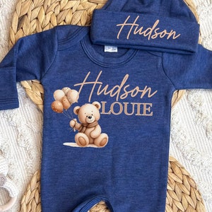 Personalized baby boy coming home outfit, newborn baby hospital outfit, romper hat set, custom name outfit, baby shower gift, long sleeve