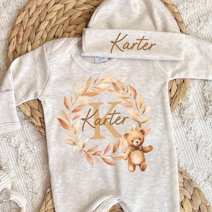 Newborn boy or girl coming home outfit, baby romper hat set, personalized hospital outfit, custom name, baby shower, sleeper, gender neutral