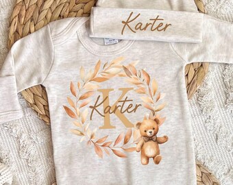 Newborn boy or girl coming home outfit, baby romper hat set, personalized hospital outfit, custom name, baby shower, sleeper, gender neutral