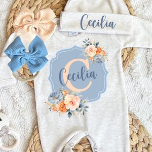 Baby girl coming home outfit, custom baby outfit, Personalized newborn outfit with hat bow, romper with footies, baby shower gift, winter