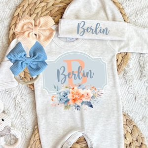 Baby girl coming home outfit, custom baby outfit, Personalized newborn outfit with hat bow, romper with footies, baby shower gift, winter