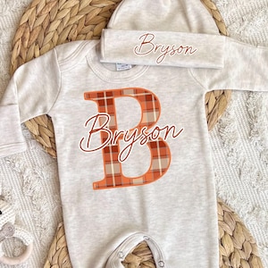 Newborn boy outfit, coming home outfit, baby romper hat set, personalized hospital outfit, custom name monogram, baby shower gift, plaid